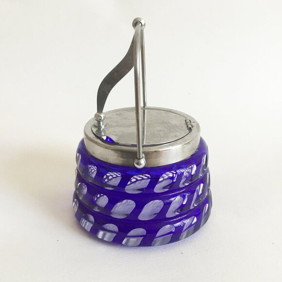 Cobalt Blue Cut to Clear Glass Flashed Geometric Pattern Hinged Marmalade Jar - Picture 4 of 12